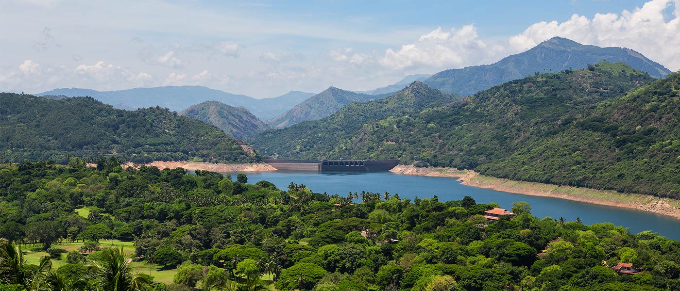 View over forest to the Victoria reservoir and the mountains beyond